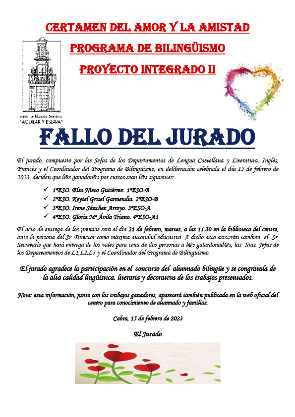 FALLO JURADO CERTAMEN del amor y la amistad. PROGRAMA DE BILINGÜISMO -PROYECTO INTEGRADO II-